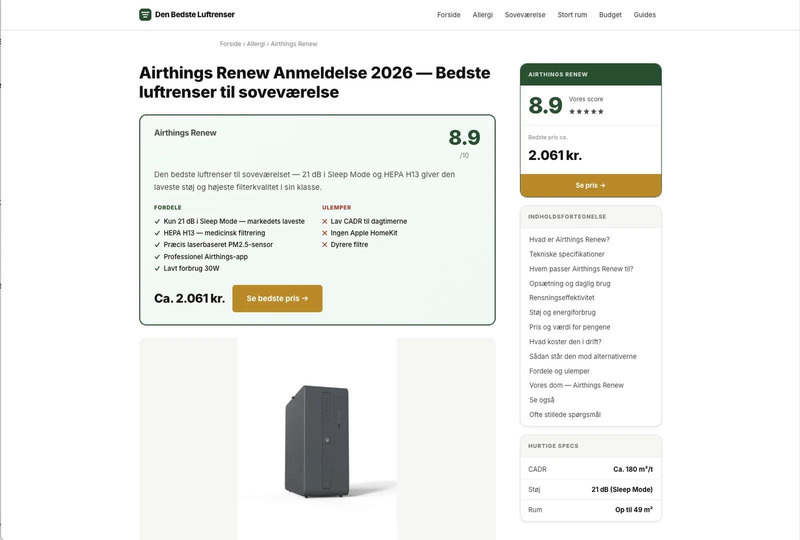 Enkelt-anmeldelse på denbedsteluftrenser.dk: score 8,9 af 10, fordele og ulemper, cirkapris med Se bedste pris-knap, indholdsfortegnelse og hurtige specs med CADR og støjniveau